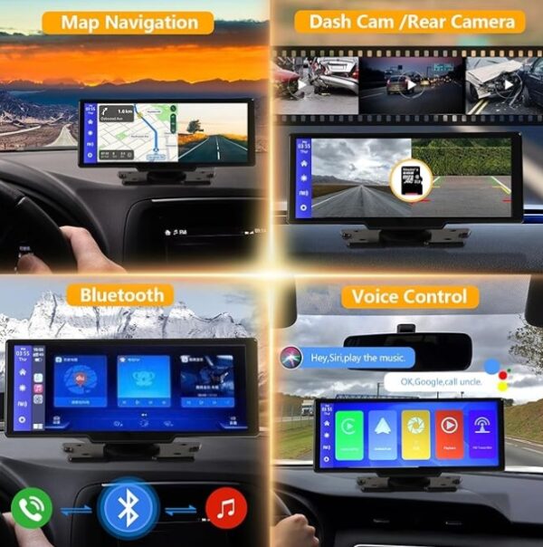 Portable Wireless Carplay With 2.5K Camera, 1080P Back Cam 9.3inches Ultra HD Android Auto Car Play Screen For Car DVR Loop Recording, Bluetooth GPS Navigation Touch Drive Screen With FM Radio System - Image 3