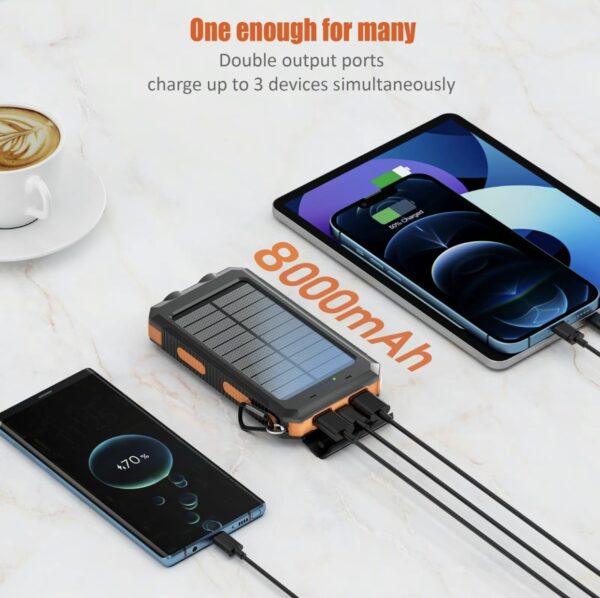 Solar Charger, 8000mAh Portable Solar Power For All Mobile Phones, Waterproof Battery Pack, Outdoor External Backup Power Charger Dual USB 5V Output -LED Flashlight, Perfect For Camping Trips - Image 3